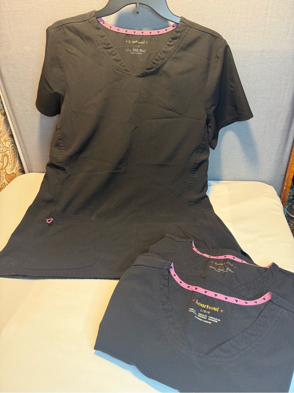 Bundle of 3 - HeartSoul Black Scrub Tops with Pink Trim. Size Large